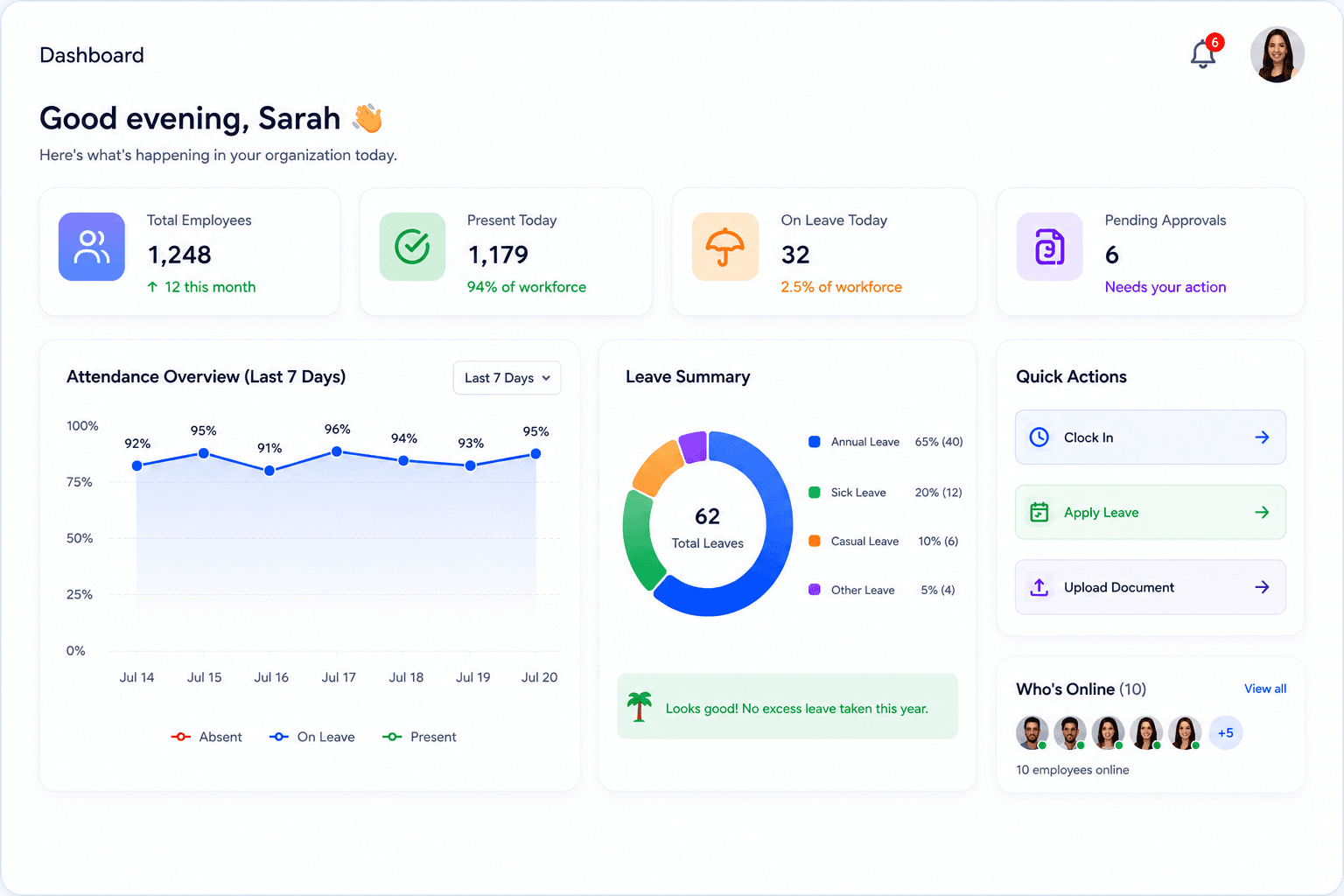 Meagle 360 HRMS dashboard preview showing attendance, leave and payroll management